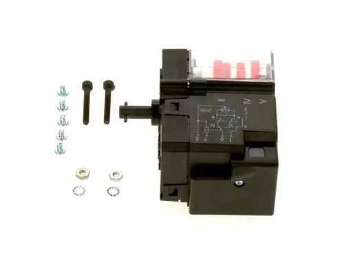 Stellmotor von Bosch, schwarz, mit mehreren Schrauben und zwei Stiften zur Montage, beschriftete Rückseite mit elektrischen Schaltzeichen.